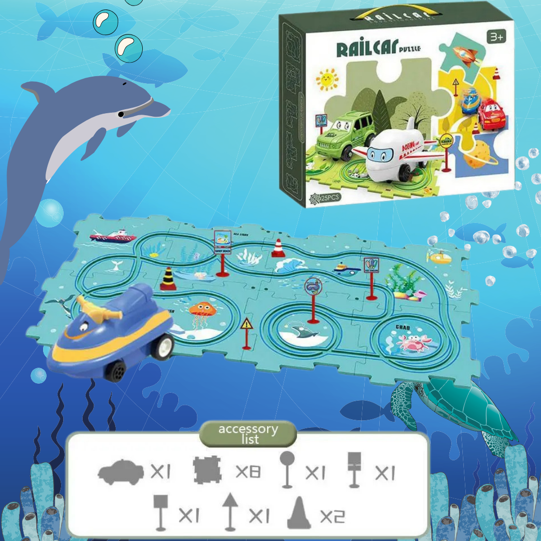 Puzzle Tracks - buildable track set for kids – customizable, educational, and fun themes like Dinosaur, Space, Ocean, and Jungle