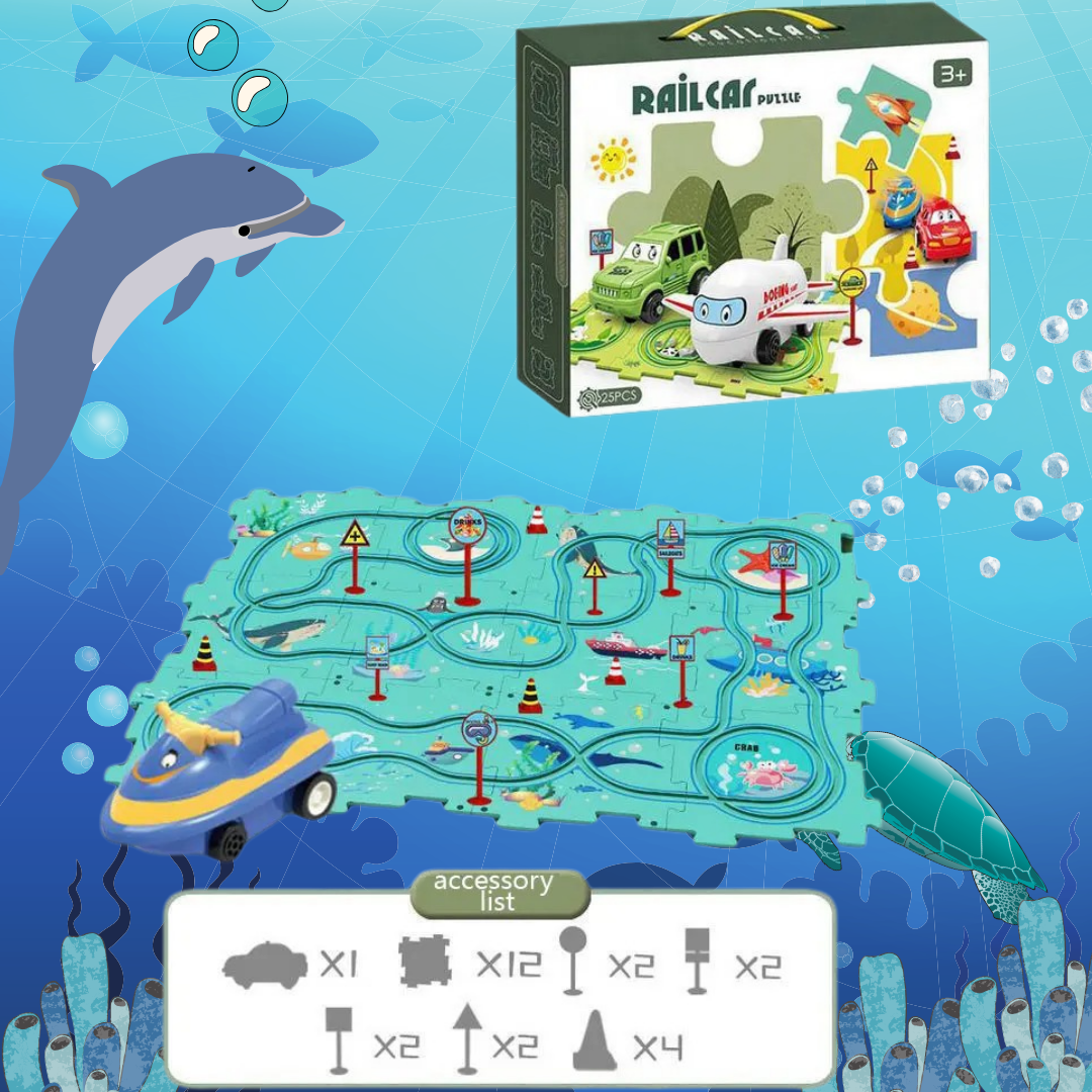 Puzzle Tracks - buildable track set for kids – customizable, educational, and fun themes like Dinosaur, Space, Ocean, and Jungle