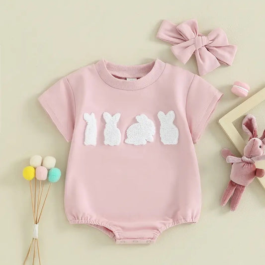 Baby bunny romper set – Adorable outfit with bunny embroidery and matching headband for all-day comfort