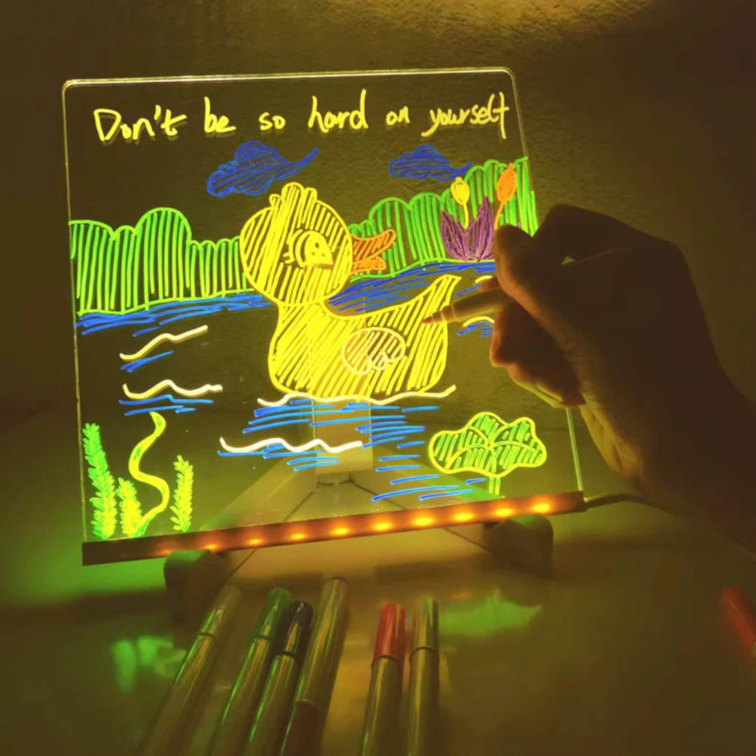 GlowBoard: LED glowing board for kids' creative drawings, includes colorful markers and adjustable stand