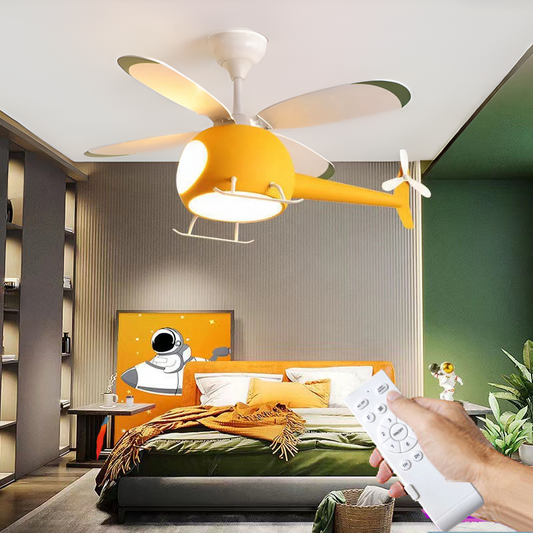 Helicopter Ceiling Fan Lamp - Whimsical Light and Fan Combo for Kids' Rooms. Features a Fun Helicopter Design with LED Light Source and Quiet Fan Operation. Available in Vibrant Yellow and Blue Colors. Includes Remote Control for Adjustable Brightness and Fan Speed. Energy-Efficient with Multiple Modes for Year-Round Comfort. Ideal for Adding a Playful Touch and Functional Coolness to Children's Bedrooms and Play Areas.