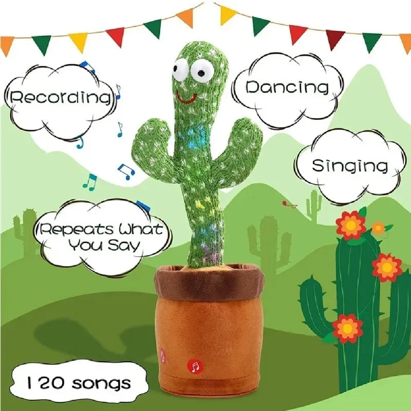 Dancing Cactus toy with colorful lights, singing and dancing functions, and voice recording for toddlers.