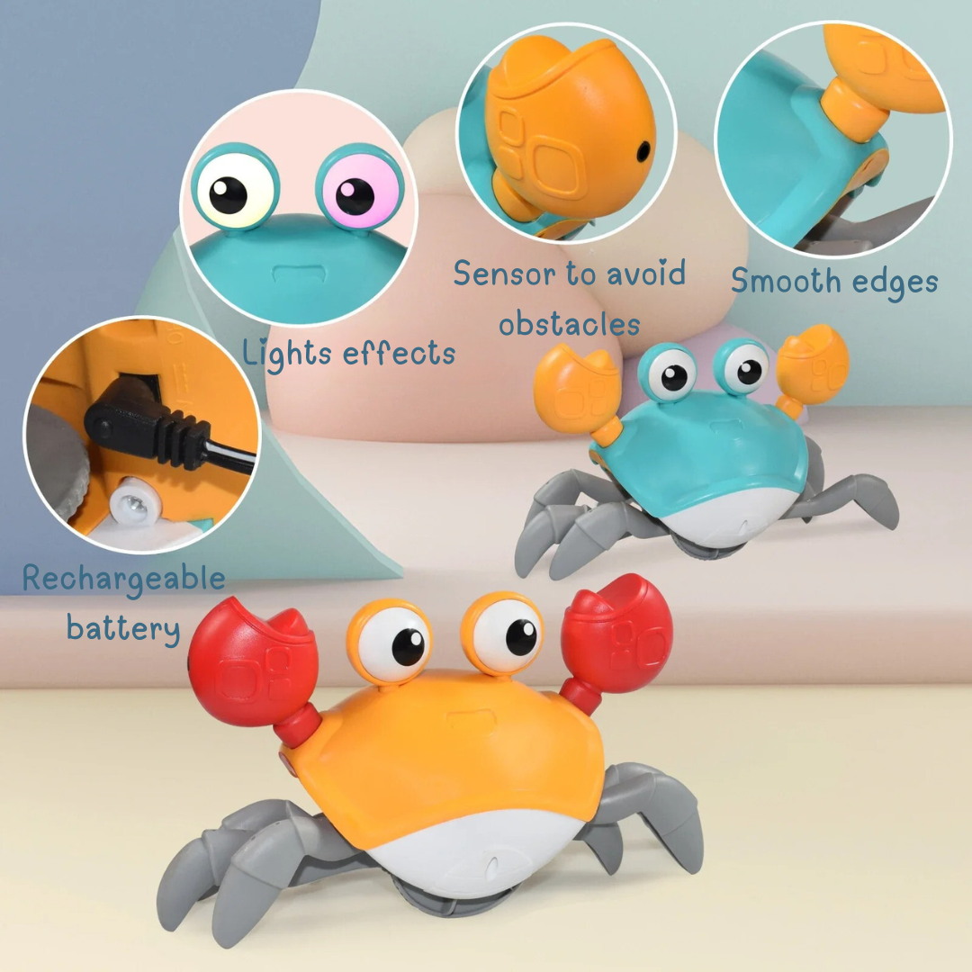 Jolly Crab: A vibrant, waterproof crab toy with obstacle-avoidance technology, interactive lights, and sounds, perfect for bath time and play.