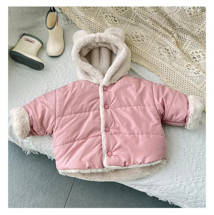 Adorable baby winter jackets with cozy fleece lining and cute bear ears. Available in pastel pink, sky blue, and warm beige—perfect for keeping your little one warm and stylish on chilly days!