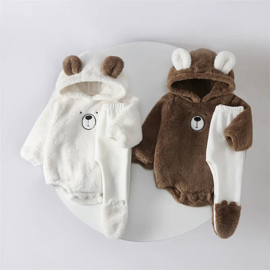 Adorable Baby Bear Romper Set – Warm romper with bear hood and matching pants for cozy comfort