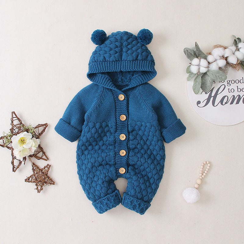 Warm and cute Hooded Teddy Romper with teddy bear design – Ideal for keeping your baby snug and stylish